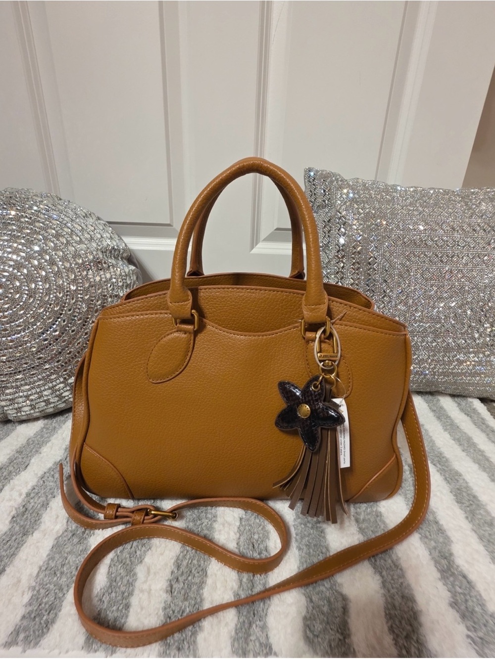 Steve Madden NWT Tan Leather Satchel Handbag with Tassel Charm